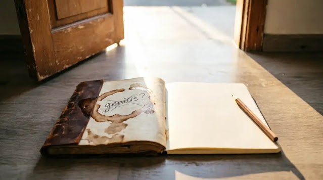 Old coffee-stained notebook with genius crossed out beside new blank notebook and pencil on floor at open door morning light(AI-generated illustration)