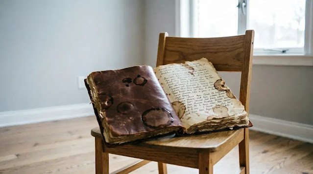 Heavily coffee-stained notebook on wooden chair facing bright window with empty wall showing no frame behind(AI-generated illustration)