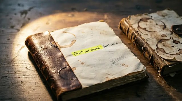 Coffee-stained notebook with yellow highlighted sentence and first crack note under focused spotlight beam(AI-generated illustration)