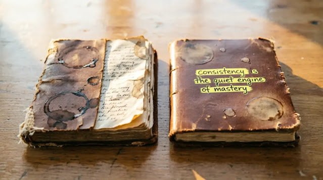 Two coffee-stained notebooks side by side both with yellow highlighted consistency is the quiet engine of mastery(AI-generated illustration)