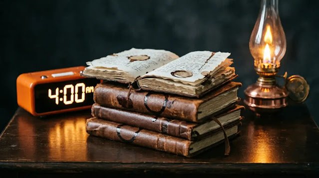 Stack of three coffee-stained notebooks with 4 AM alarm clock and oil lamp showing heavy practice rhythm(AI-generated illustration)