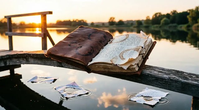 Coffee-stained notebook on wooden bridge at sunset with torn schedule papers floating in calm water below(AI-generated illustration)