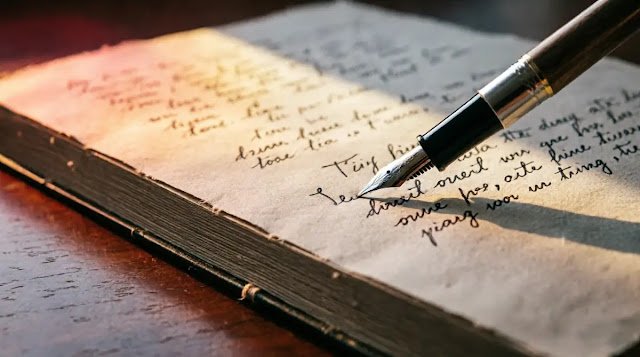 Fountain pen touching dense handwritten page, crimson dawn light(AI-generated illustration)