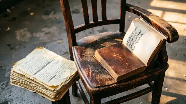 Worn wooden chair beside stack of handwritten pages, copper afternoon light(AI-generated illustration)