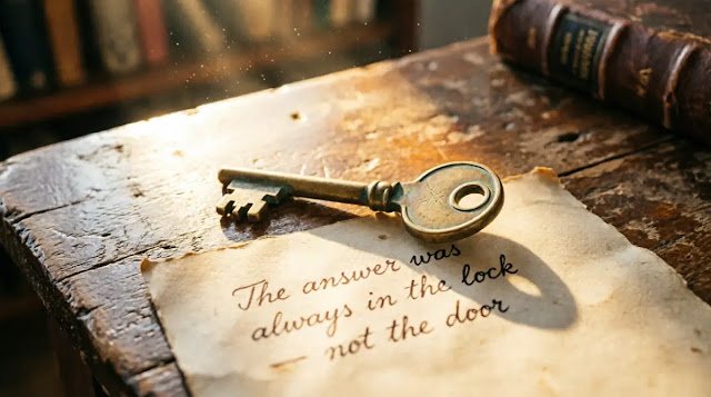 Brass key resting on handwritten text page, warm golden light. (AI-generated illustration)