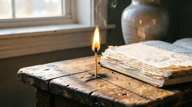 Single lit match beside stack of handwritten pages, warm amber glow(AI-generated illustration)