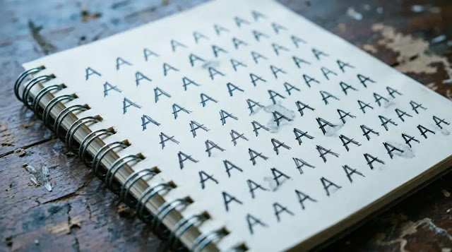 Spiral notebook filled with grid of repeated letter A marks, cool slate light(AI-generated illustration)