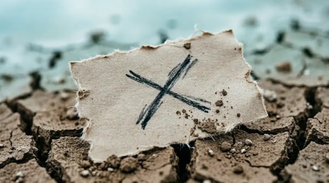 Torn paper scrap with X mark on cracked dry earth, muted teal tones(AI-generated illustration)