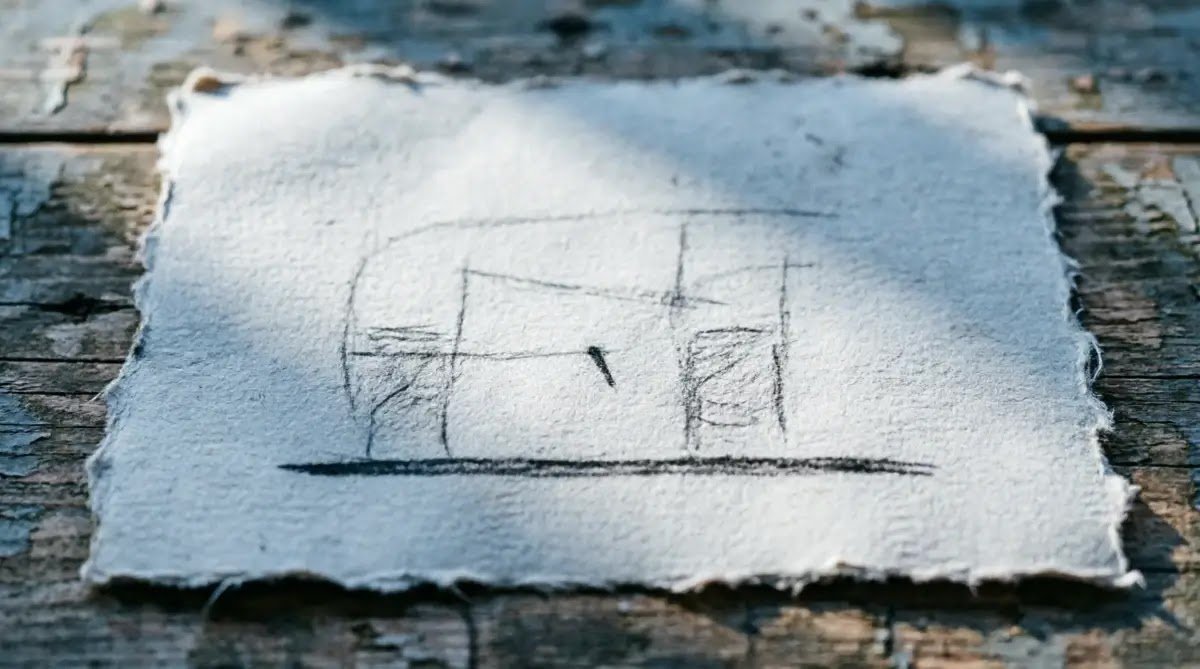 Single charcoal line on rough paper on weathered wood, cool blue-gray light(AI-generated illustration)
