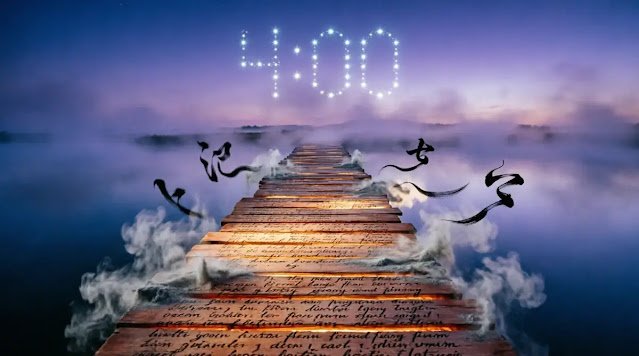 Text-bridge spanning water, star pattern forming 4:00 in sky, dust turning into floating