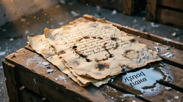 Overlapping rough manuscript pages with faded English alphabet, chalk dust on wood, puddle reflection (AI-generated illustration)