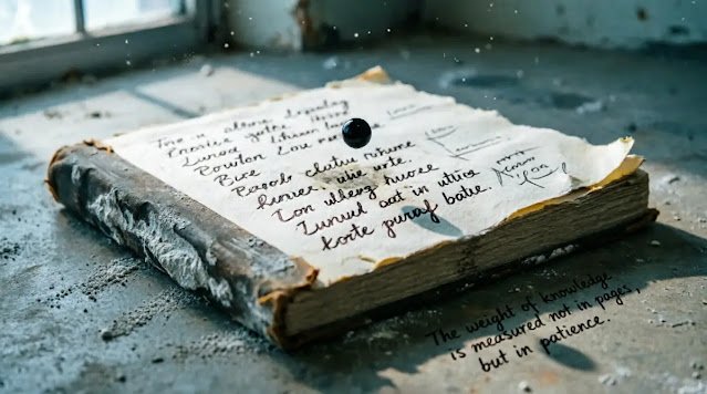 Heavy cement-dusted notebook on bare floor, floating ink drop defying gravity, lime dust in twilight (AI-generated illustration)