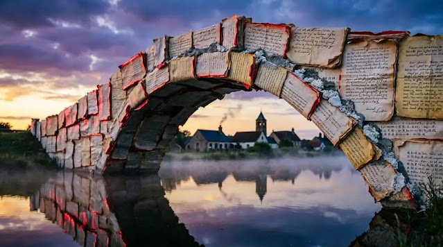Full bridge built from layered manuscript pages spanning dark water, village reflection below, purple-gold light (AI-generated illustration)