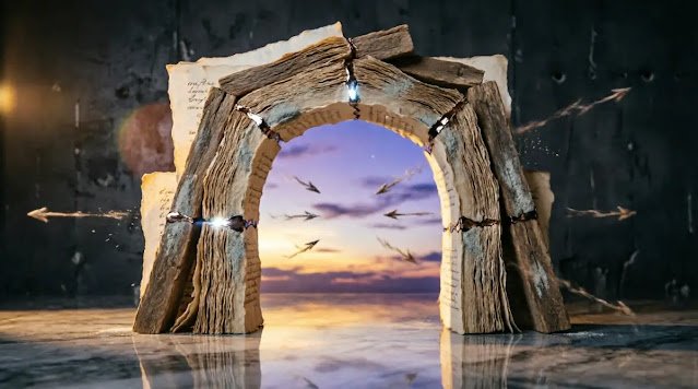 Half-arch of interlocked manuscript pages, polished floor shows complete reflection, violet-gold light (AI-generated illustration)