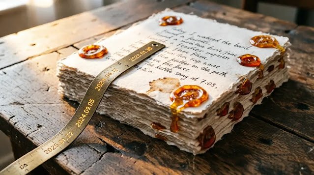 Fanned notebook pages stacked like bricks, wax drips forming joints, golden dawn light desk (AI-generated illustration)