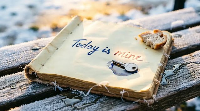 Notebook writes 'Today is mine', ink reflection shows key (AI-generated illustration)