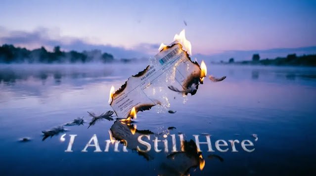 Invoice dissolving into ash over river, reflection forms words (AI-generated illustration)