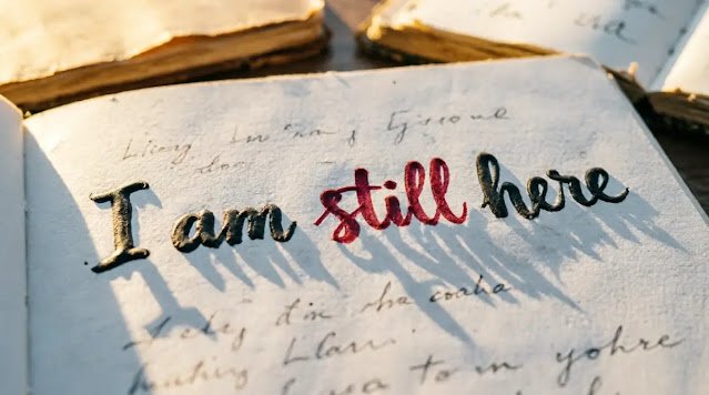 Sentence 'I am still here', shadow forms bridge arch (AI-generated illustration)