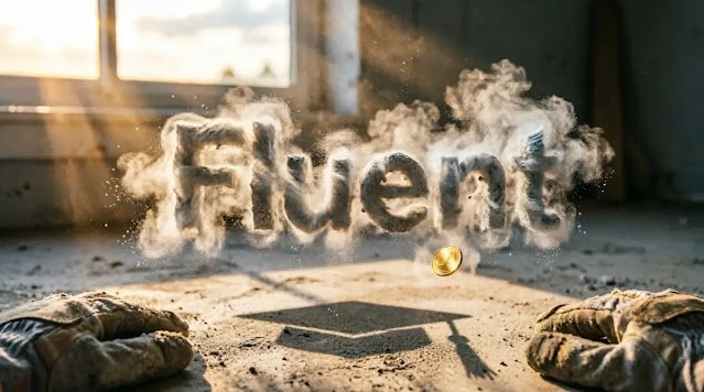 Cement dust forms word 'Fluent', shadow shows graduation cap (AI-generated illustration)