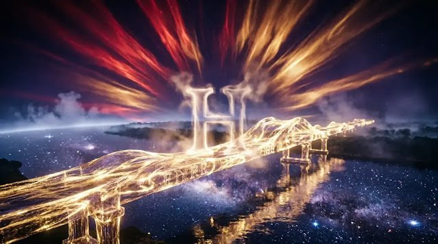 Translucent H in luminous bridge, river reflects book pages with rising letters (AI-generated illustration)