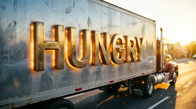Glowing word HUNGRY on truck, shadow spells full in reverse, golden hour (AI-generated illustration)