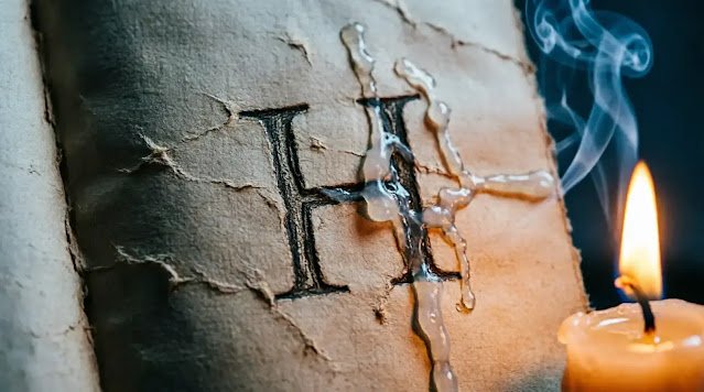 Letter H on candlelit page, wax reflection shows glowing form, doubt vs defiance (AI-generated illustration)