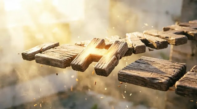 Floating letter-planks forming bridge, shadows show complete structure, golden mist (AI-generated illustration)
