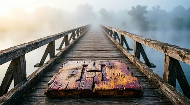 H plank at bridge end, wear matches viewer's traces, mist forms completing letter (AI-generated illustration)