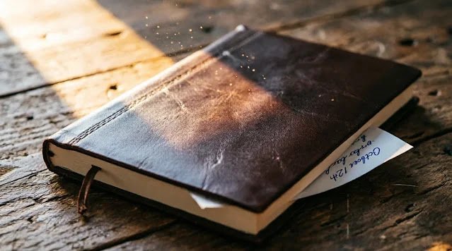 Closed notebook on wooden table with dust mote in light shaft (AI-generated illustration)