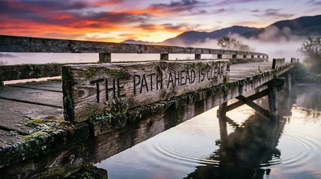 Weathered wooden bridge over calm water with 'THE PATH AHEAD IS CLEAR' carved in railing, mist rising, mountains in background, crimson-orange sunrise sky, water reflection (AI-generated illustration)