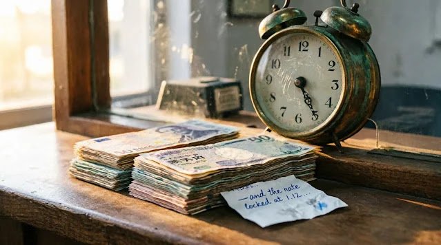 Stacks of foreign banknotes including euro and yen with vintage brass alarm clock showing 5:25, small white note reading 'and the note locked at 1.12', warm window light (AI-generated illustration)