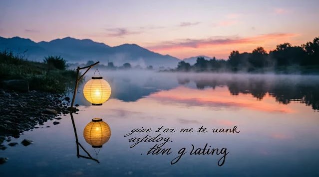 Calm river at dusk with paper lantern hanging lantern reflection in still water, handwritten text visible in water surface, misty mountains in purple-pink sky (AI-generated illustration)