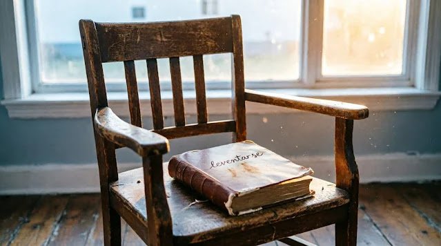 Weathered wooden chair with leather-bound book labeled 'levantarse' on seat, facing bright window with dust particles in golden light, wooden floor (AI-generated illustration)
