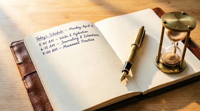 Open notebook showing handwritten schedule 'Today's Schedule - Monday, April 15' with time blocks, brass fountain pen, brass hourglass on wooden table, warm sunlight (AI-generated illustration)