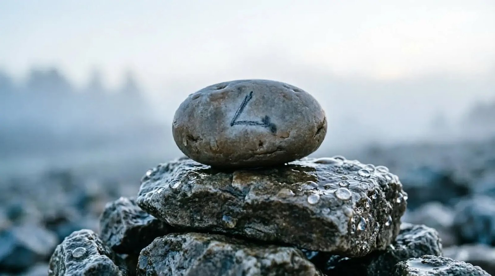 Smooth gray stone with handwritten letter L on surface, stacked on wet stones with water droplets, cool blue-gray dawn light, misty background, shallow depth of field (AI-generated illustration)