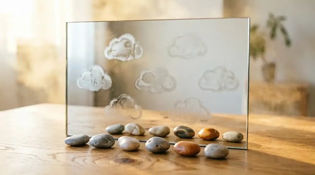 Mirror on wooden table with seven small stones arranged in front with organized breath condensation patterns forming seven distinct areas (AI-generated illustration)