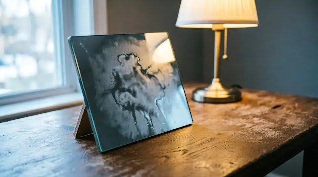Mirror angled on wooden table with glowing lamp beside it in quiet room with defined breath condensation patterns on surface (AI-generated illustration)