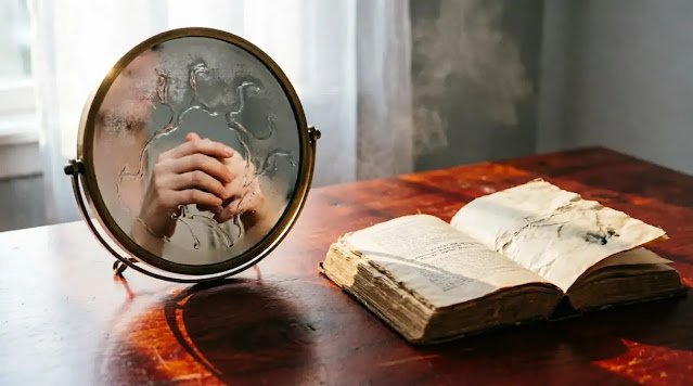 Mirror on wooden table beside open book in soft morning light with integrated breath condensation patterns showing companionship (AI-generated illustration)