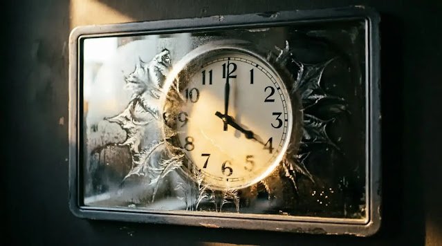 Clock showing 4:01 reflected in mirror in dark room with dense breath condensation patterns covering surface showing hundreds of hours (AI-generated illustration)