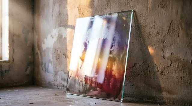 Clear pane of glass leaning against wall with soft morning light and dissolved breath condensation patterns ready for reader's practice (AI-generated illustration)