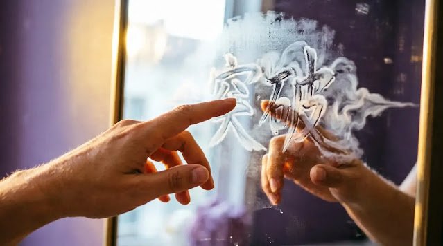 Anonymous hand reaching toward mirror reflection in warm light with emerging breath condensation patterns forming breakthrough shape (AI-generated illustration)