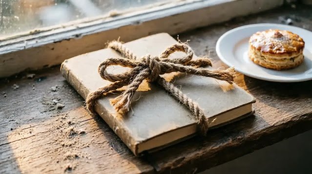 Rope tied around notebook beside untouched pastry on windowsill (AI-generated illustration)