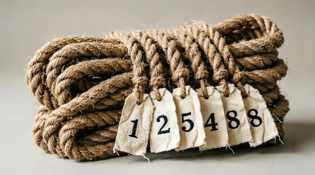 Multiple rope segments bundled with numbered fabric tags (AI-generated illustration) Hover text: The hours no one sees