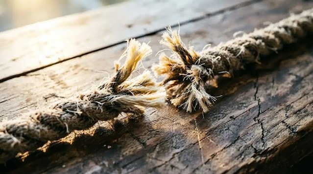 Cut frayed rope ends on wooden surface in afternoon light (AI-generated illustration)