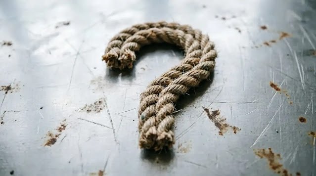 Rope loop formed into question mark on metal counter (AI-generated illustration)