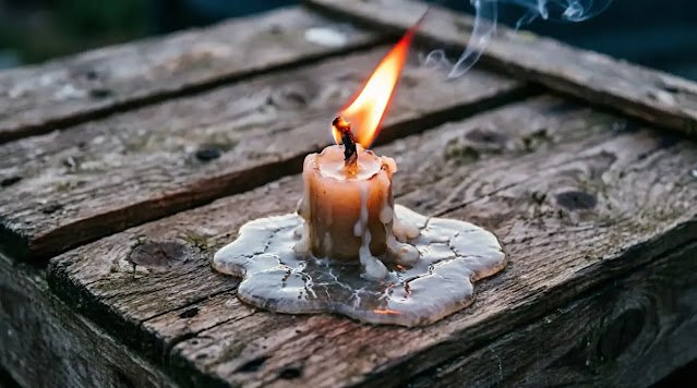Candle with rope wick burning on wooden crate with wax pools (AI-generated illustration)