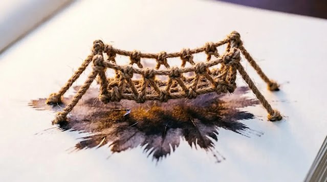 Rope woven into bridge shape across blank page with ink (AI-generated illustration)