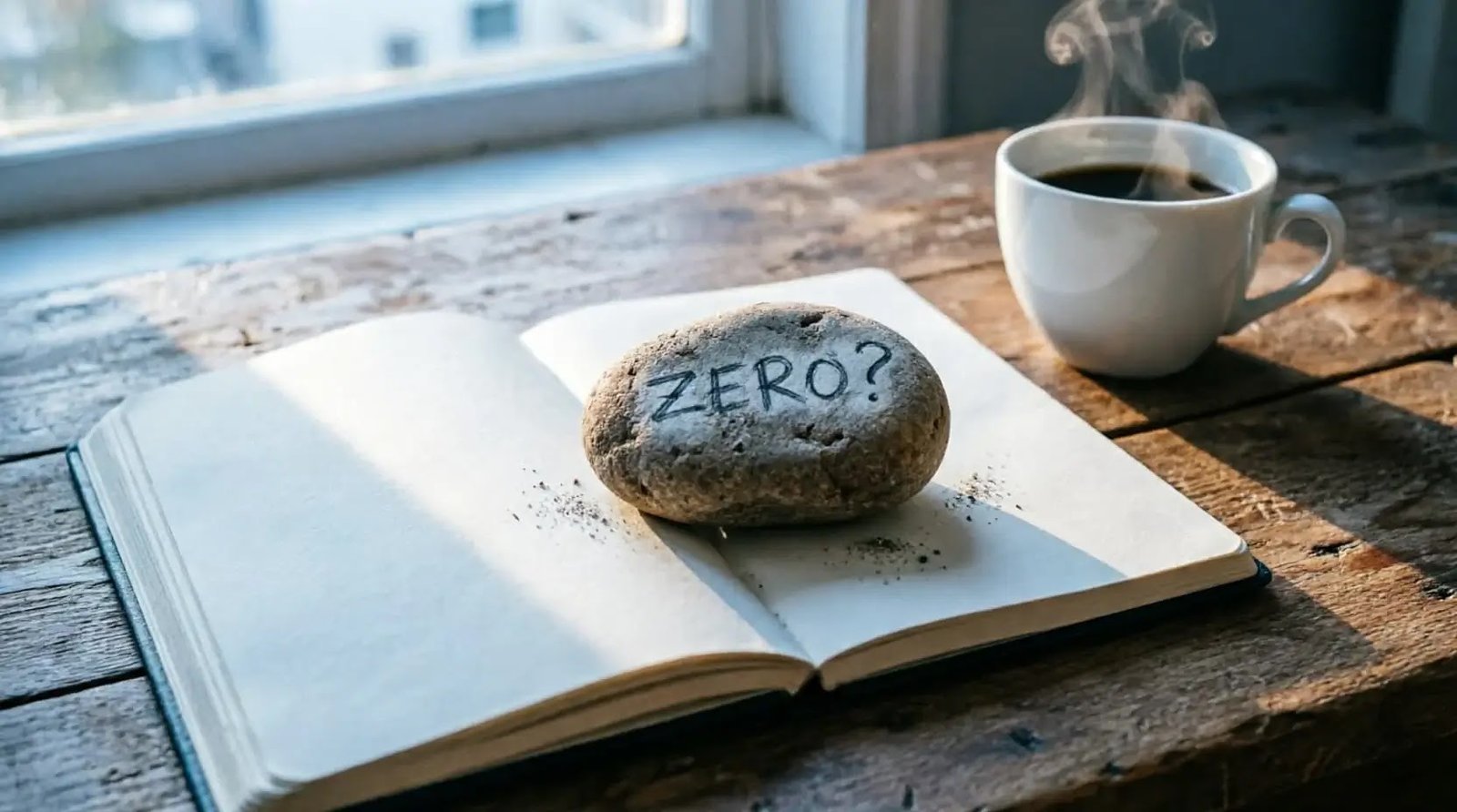 small stone rough on a blank notebook nearby a coffee pot(AI-generated illustration)