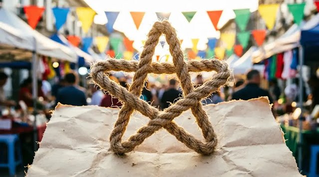 Rope arranged in star shape on folded paper in market light (AI-generated illustration)