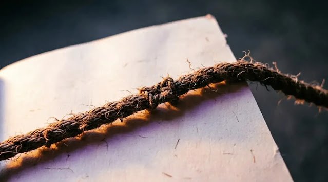 Rope extending from blank page beyond frame edge (AI-generated illustration)